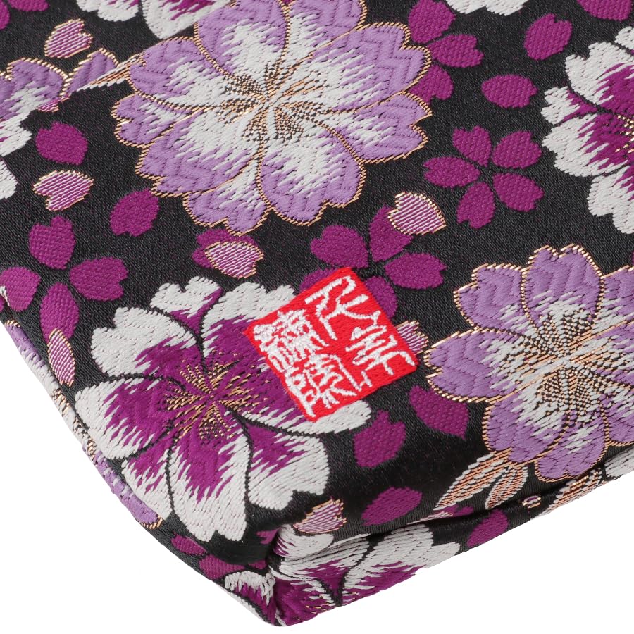 Senshishuin Nishijin Brocade Pouch with Double Cherry Blossom Design (Lined) Black-Purple (Small)