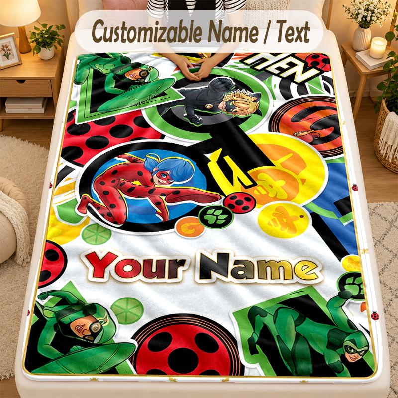 FlaneldeckeMiraculous Ladybug Benutzerdefinierter Name Text Personalisierte Weiche Warme Überwurfdecke Heimdekoration Geschenk