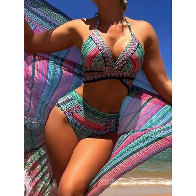 Boho Striped Crochet Bikini Set with Paisley Print Beach Cover Up