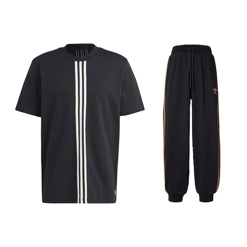 

Adidas Striped Print Crew Neck Short Sleeve T-Shirt And High Waist Tied Long Pants Casual Sports Set Men Sets Black HZ0706+IX4210 XXL