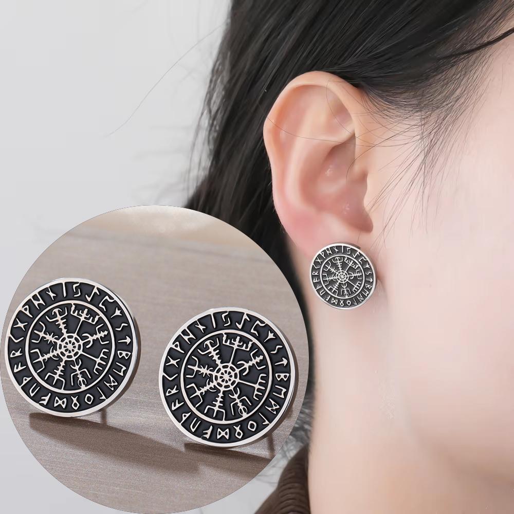Dawapara Vegvisir Nordic Compass Stud Earrings Norse Mythology Protection Amulet Runes Stainless Steel Scandinavian Jewelry