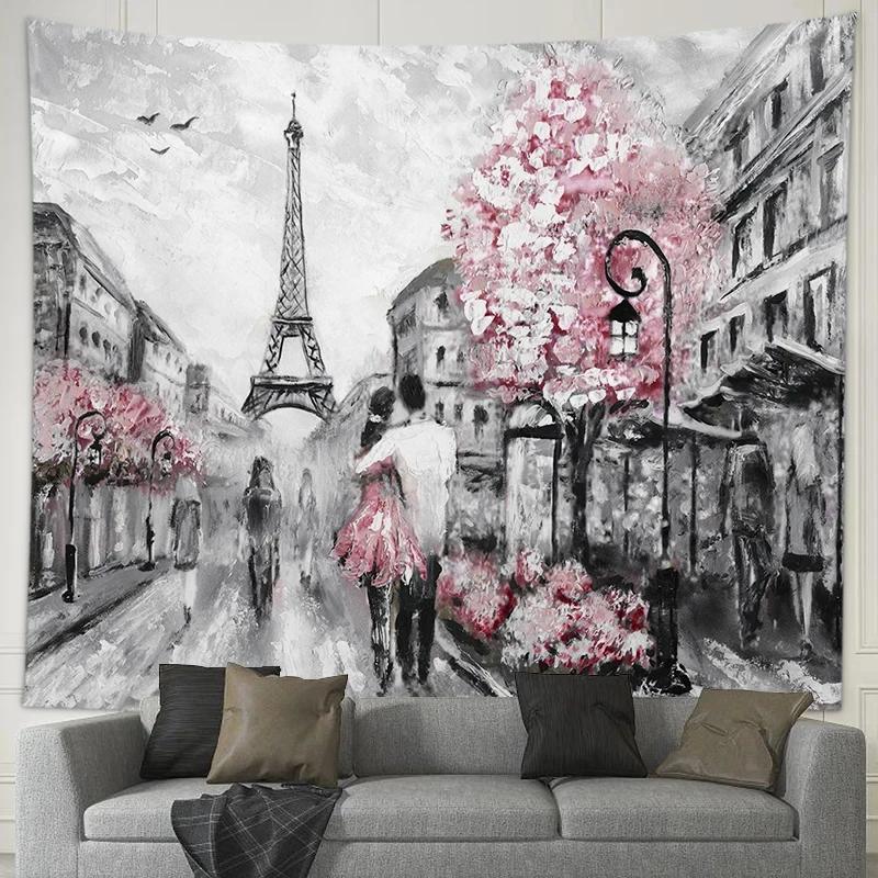 Romantic Couple Lovers Tapestry Eiffel Tower Big Ben Tapestry Wall Hanging Maple Rose Decorated Home Bedroom Living Room Dorm