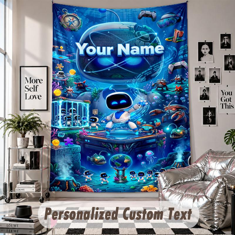 Wall Hanging Tapestry With Custom Name & Text, Astro Bot Decorative Tapestry For Bedroom