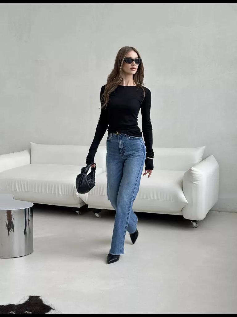 Autumn 2024 European & American Style Women's Slim Fit Solid Color Bell Sleeve Top
