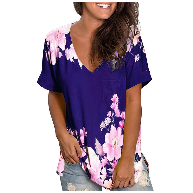 Mode Frühling Schmetterlingsdruck Blusen Kurzärmelig V-Ausschnitt T-Shirts Lässig