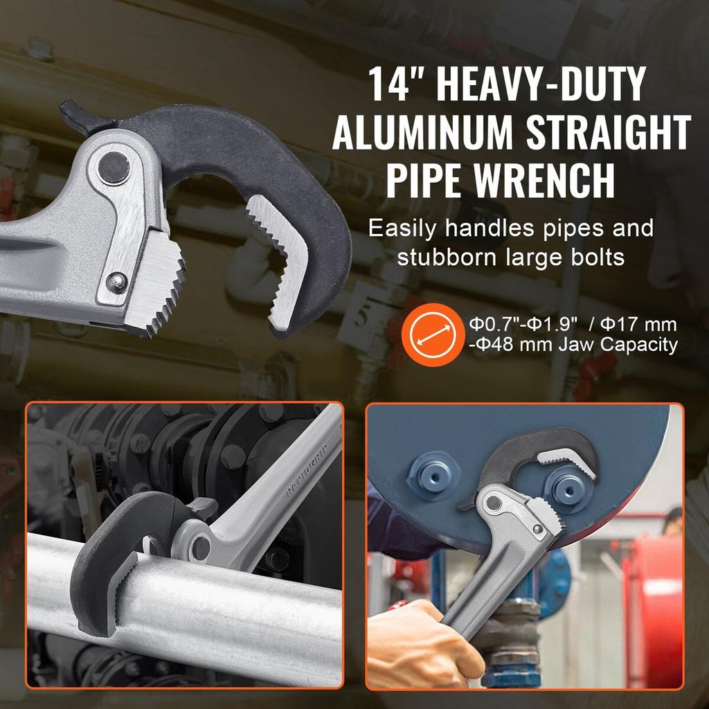 Aluminum Straight Pipe Wrench 14 In Automatic Jaw Adjustment 60CRV Jaw