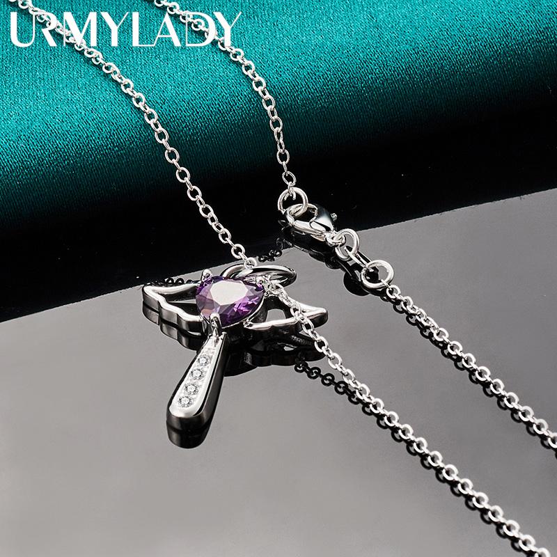 URMYLADY 925 Sterling Silber Lila AAAAA Zirkon Engel Kreuz Anhänger Halskette Für Frauen Hochzeit Charme Schmuck