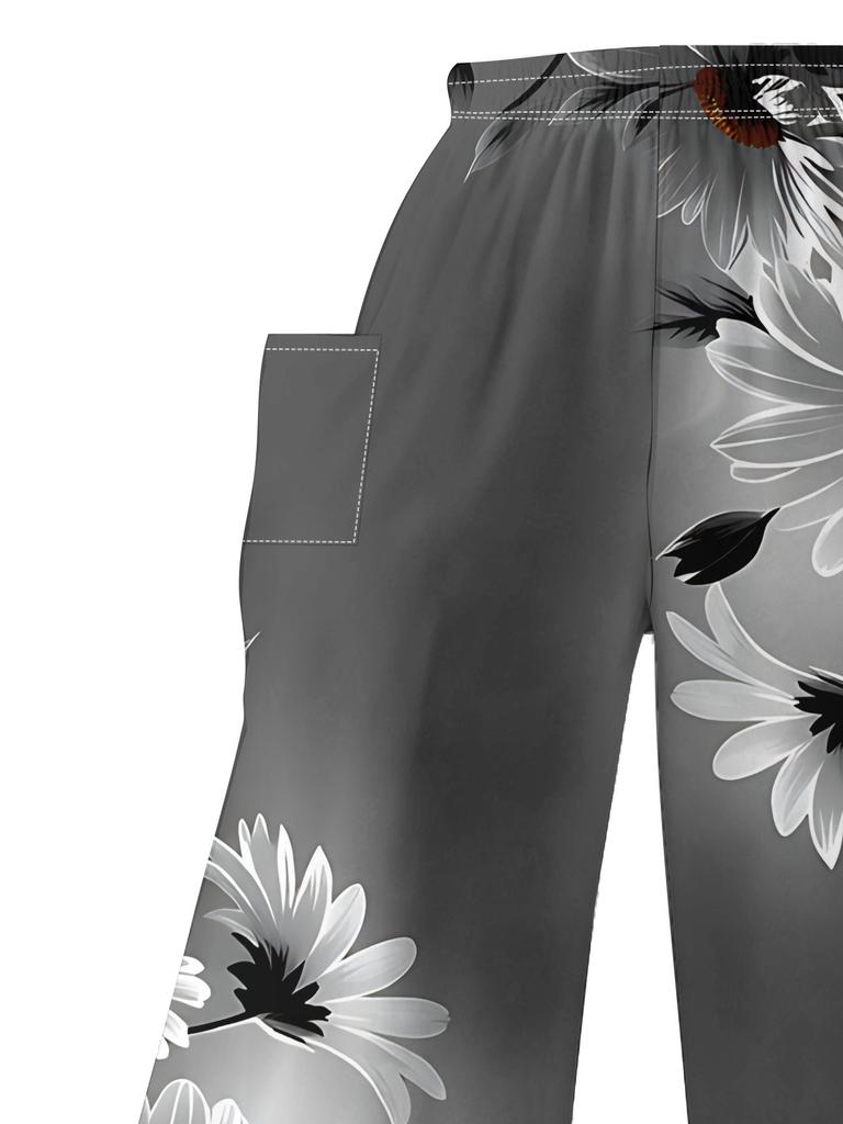 Women's Standard Size Fashion Loose Wide-Leg Pants, High-Waisted Draped Slim-Fit Daisy Print Casual Trousers