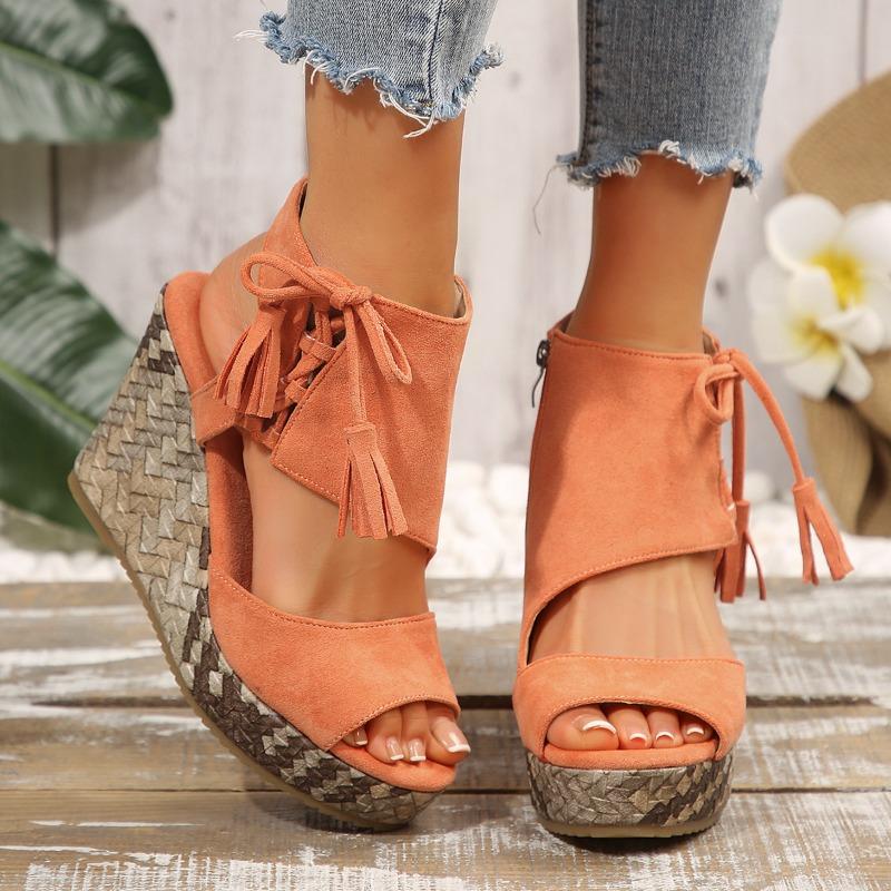 Large Size Wedge Heel Sandals Women's Spring and Summer Fringed High Heel Fish Mouth Platform Women's Shoes Muffin Sole Shoes