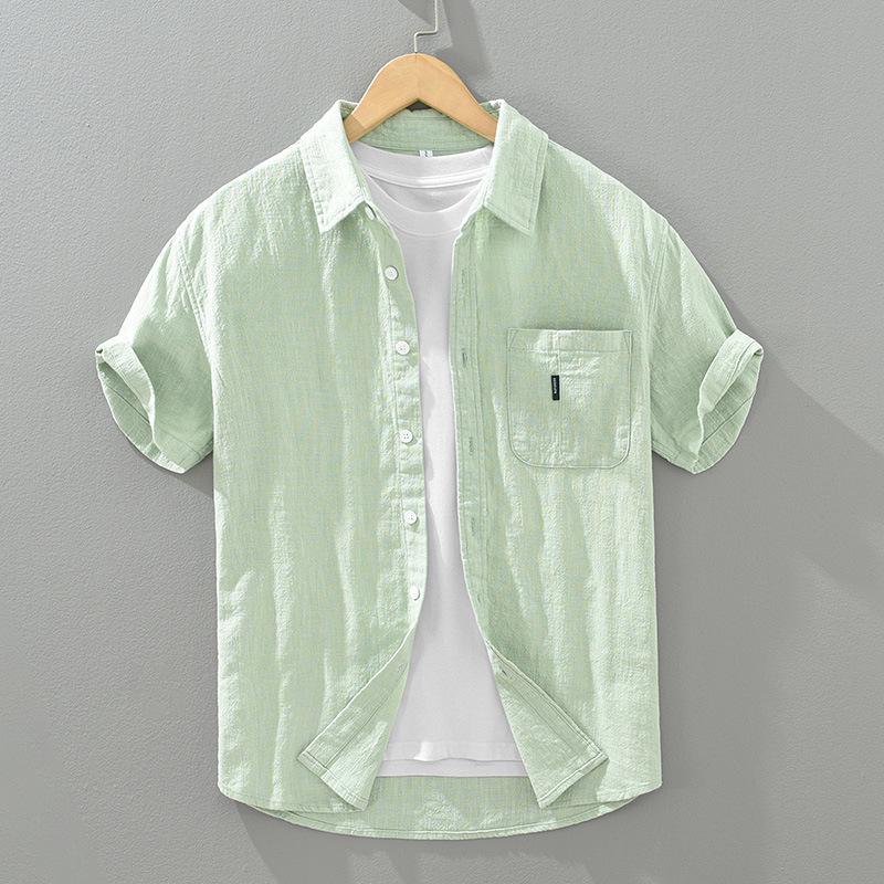 1267 Solid Color Short Sleeve Cotton Linen Shirt