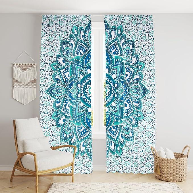 BLESS INTERNATIONAL Krásné indické bohémské psychedelické hippie ombre okenní závěsy pro ložnici, obývací pokoj, balkon (Zelený květ mandaly)