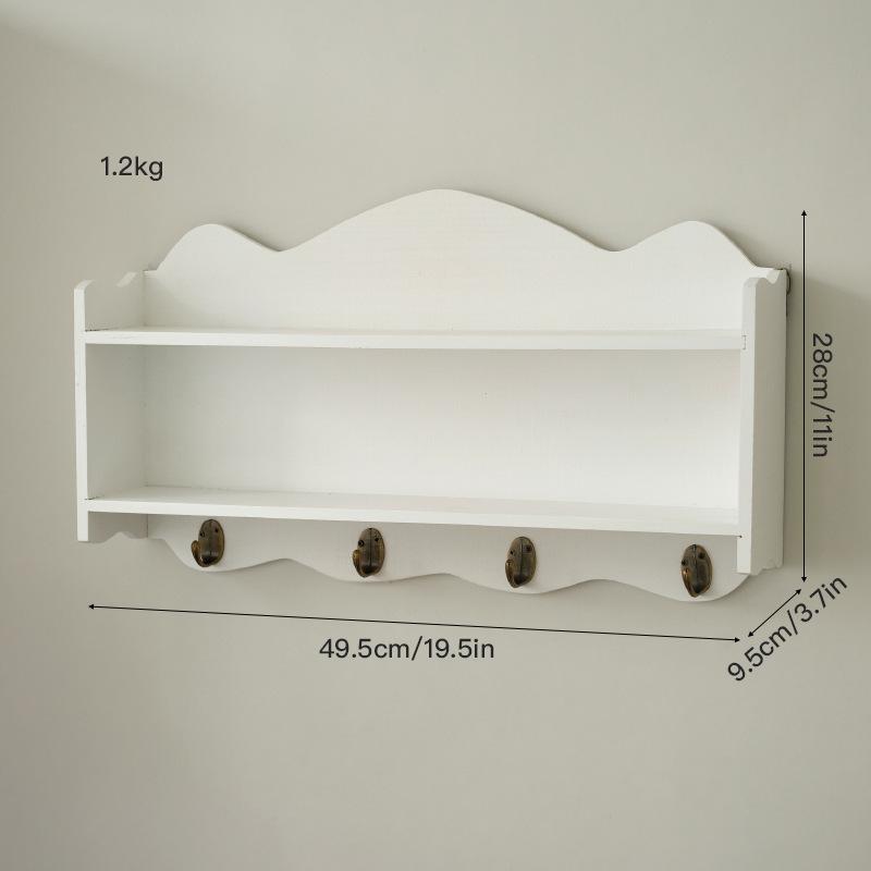 Zakka Style Nordic Wall Shelf with Hooks, Solid Wood Double-Layer Storage Rack for Kitchen Dining Room Wall Decor
