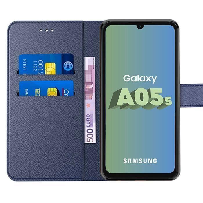 Case + 2 Tempered Glasses for Samsung Galaxy A05s - PU Leather Protection - Card Pocket - Navy Blue