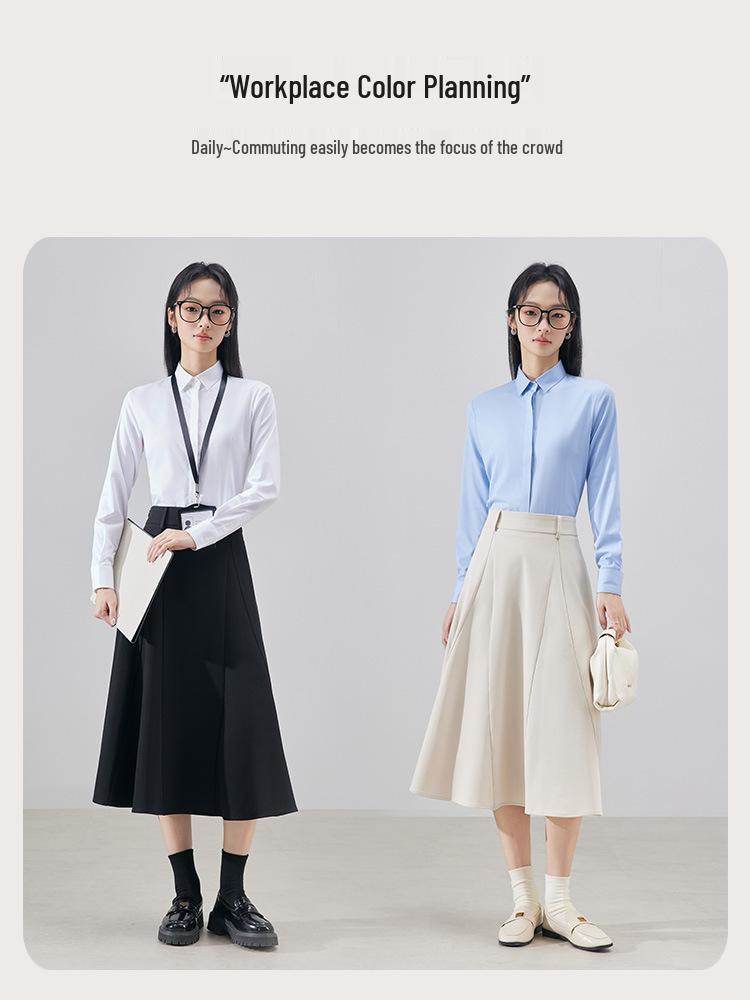 Women's Blue Long-Sleeve Professional Shirt - Solid Color, Ideal for Spring/Autumn Office and Interview Wear