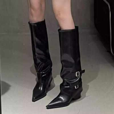 Retro Thick Heel Pants Boots Pointed Boots Long Boots Women's 2025 New Autumn and Winter Black Stacking Boots Long Knight Boots
