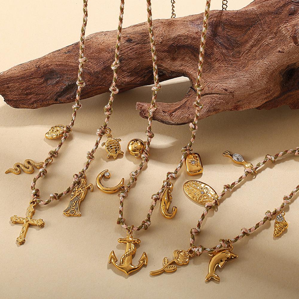 Vintage seaside style DIY freshwater pearl pendant bracelet stainless steel gold-plated ceramic pendant necklace female
