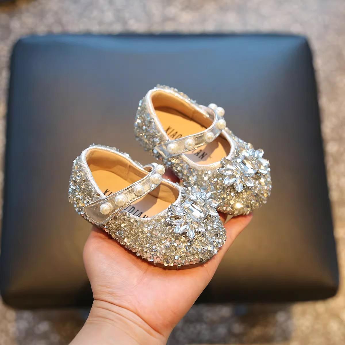 Toddler Kids Princess Shoes Shiny Crystal Girls Flats Sweet Glitter  New Fashion Baby Walking Shoes Soft Bottom Non-slip 24