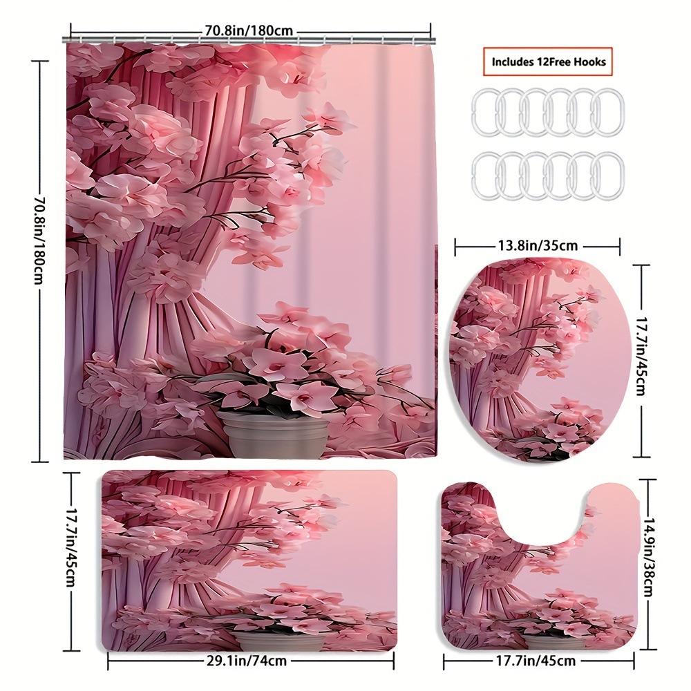 Tume Supply Bathroom Four-Piece Pink Flower Curtain Pattern Shower Curtain Floor Mat Toilet Mat Set