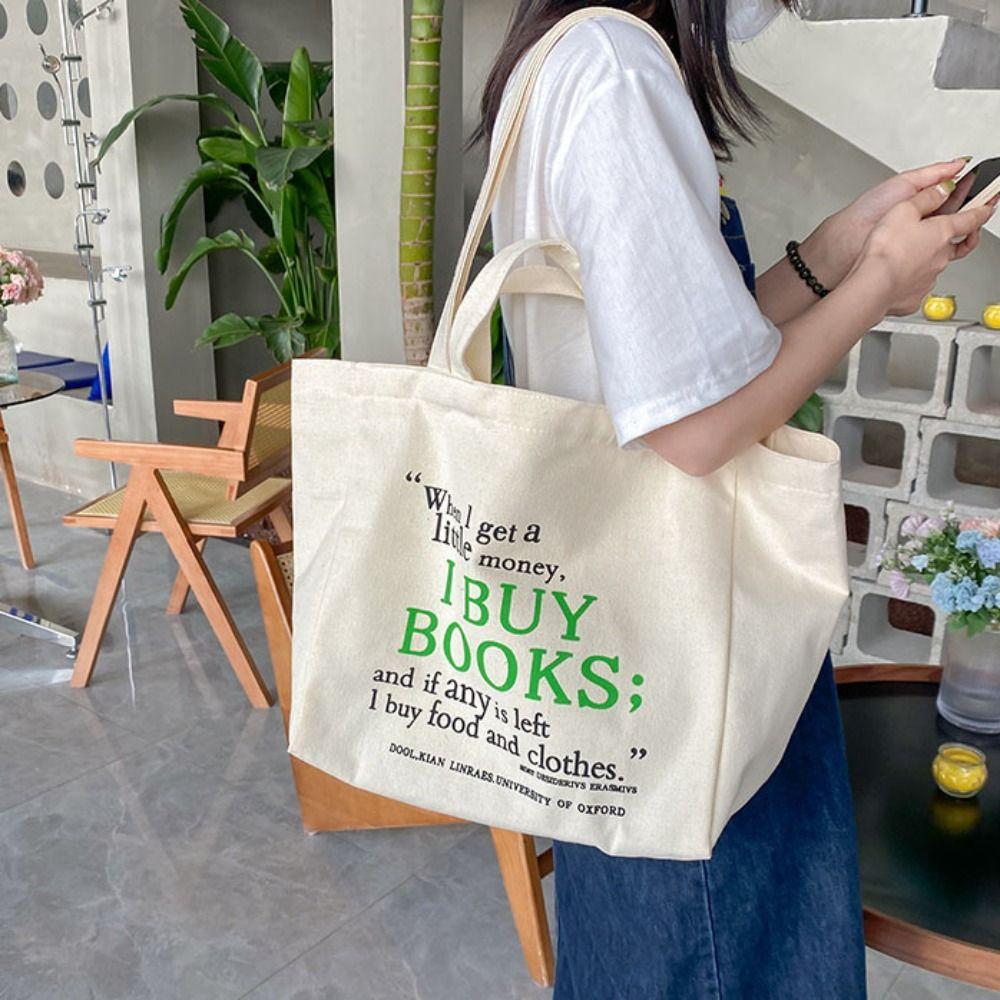 Shopping Literary Canvas Shoulder Bag Large Capacity Underarm Bag Letter Print Tote Bag Travel