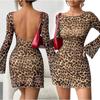 Women's Leopard Print Mesh Mini Dress Backless Long Flared Sleeve Bodycon Sheer Sexy Clubwear Evening Cocktail Party Short Dress
