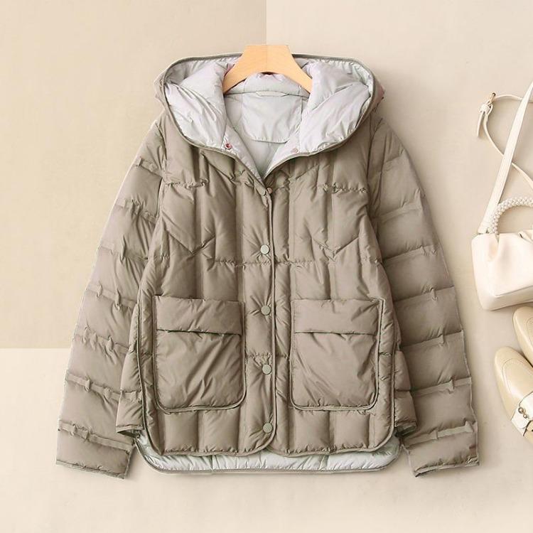 Women's Duck Down Jacket Light White Short Hooded Loose Straight Tube Coat Single Breasted Autumn Winter
