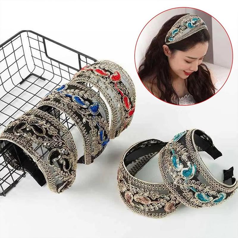 1PC Hollow Lace Flowers for Women Girls Sequins Bezel Headdress Wide Edge Fashion Headband Hair Hoop with Tooth