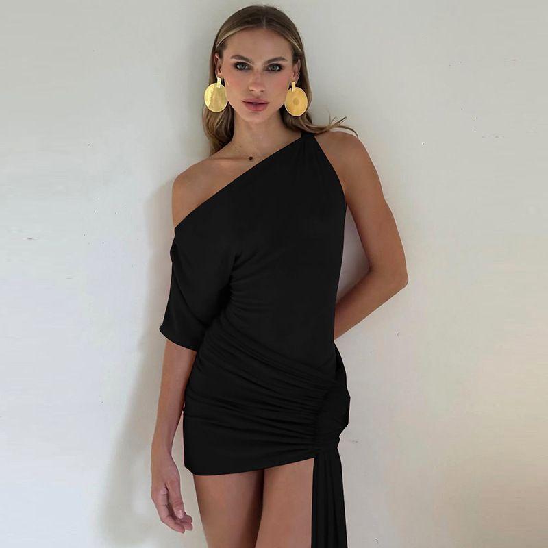 

Slanted Shoulder Strap Wrapped Skirt One-Sleeve Asymmetric Streamer Bodycon Dress Black S