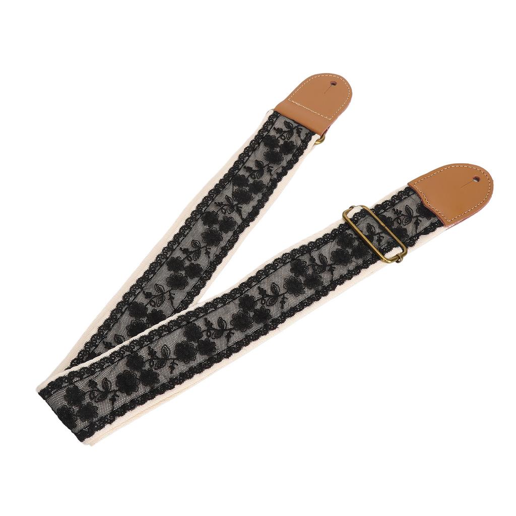 Kytarový popruh Černý krajkový design Nastavitelná délka Univerzální popruh pro basové, elektrické, akustické kytary