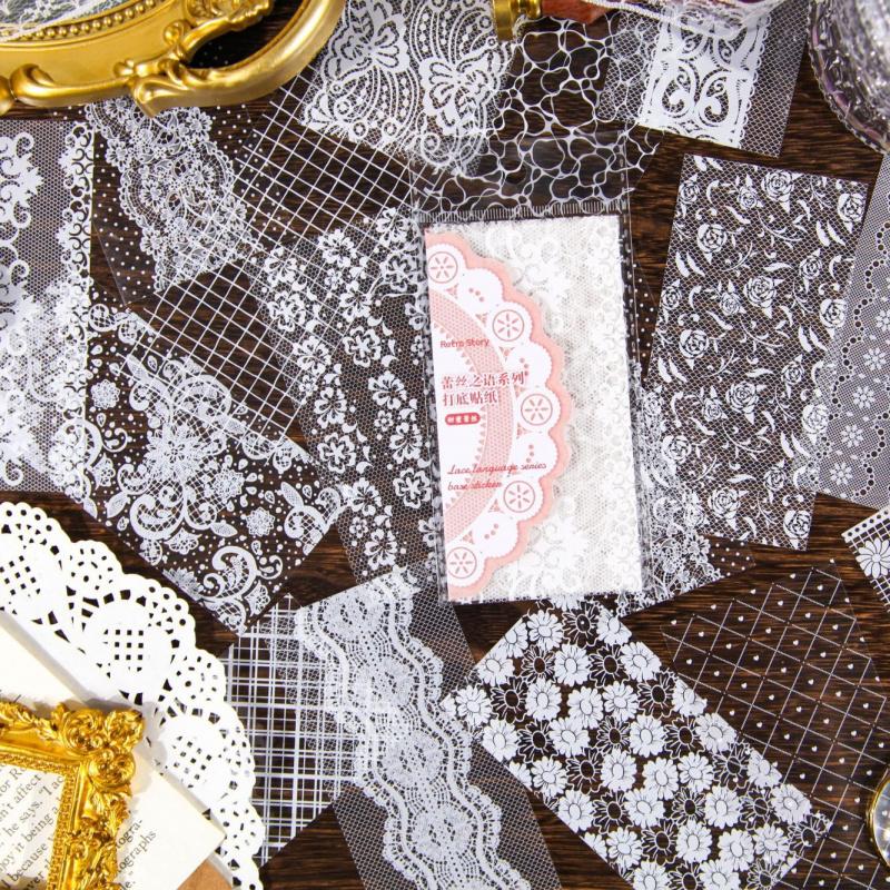 12 Sheets White Ink Lace PET Stickers, Vintage Transparent Decor, Journal DIY Waterproof Collage Material