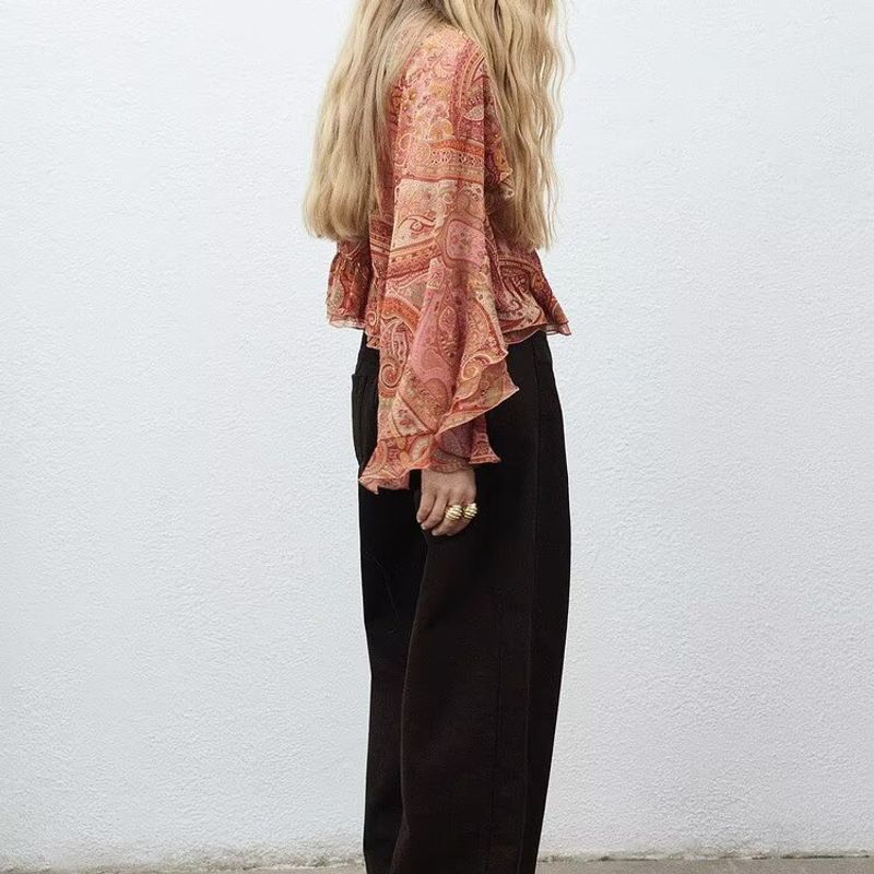 Zbzr Spring New Arrival Women's Clothing Fashion Style Round Neck Paisley Print Bell Sleeve Ruffles Loose Tops