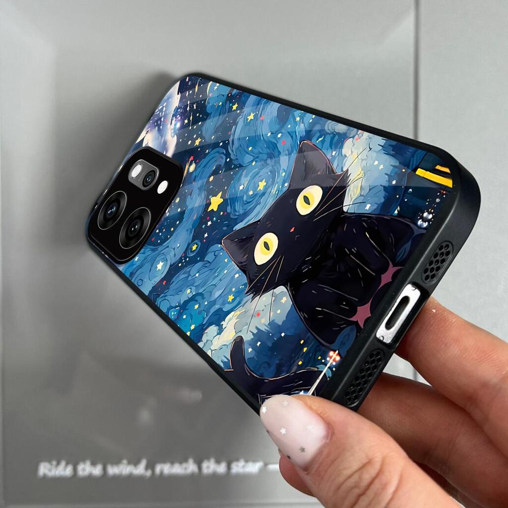 Case for OPPO Reno14 Pro 5G Anime Black Cat Starry Cloud Print Phone Cover Acrylic Hard Back Shell With Flexible TPU Edge