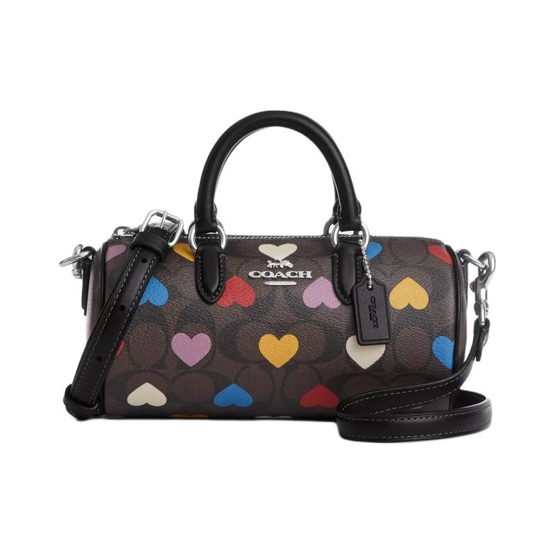 COACH Lacey 19 Heart Print Shoulder Crossbody Bag Coated Canvas and Smooth Leather Handbag Small Women s Brown and Black with Multicolor чёрный