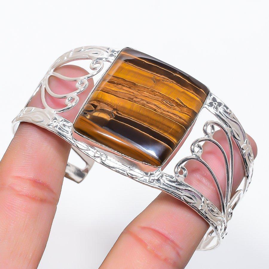 Natural Tiger Eye Gemstone 925 Sterling Silver Cuff Bangle Adjustable Z8t50