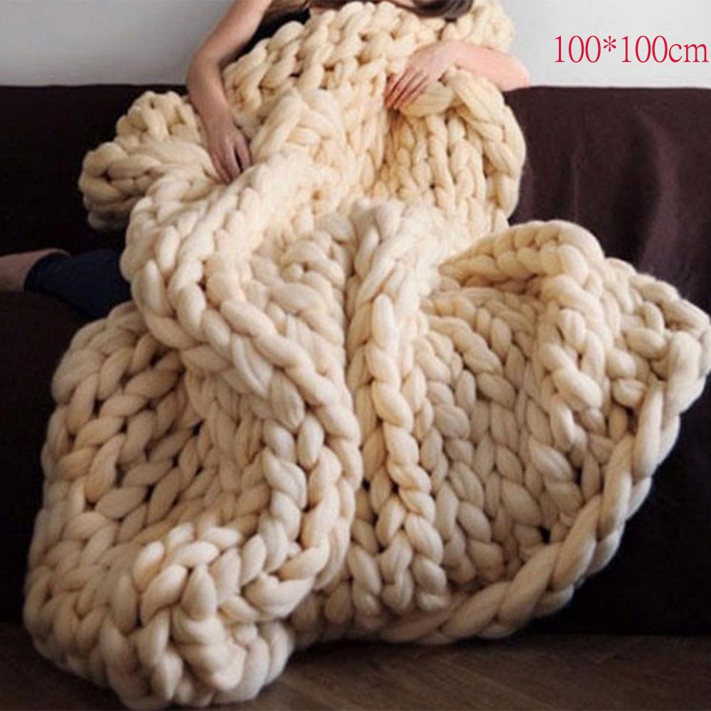 

Модное вязанное вручную толстое трикотажное одеяло из толстой пряжи, похожей на шерсть, полиэстер, объемные вязаные одеяла, зимнее мягкое теплое покрывало 100*100cm бежевый