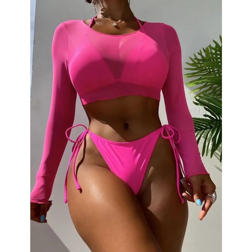 2024 Bikini cu mânecă lungă cu imprimeu leopard pentru femei Costum de baie pentru femeie Set de bikini trei piese Costum de baie pentru baie