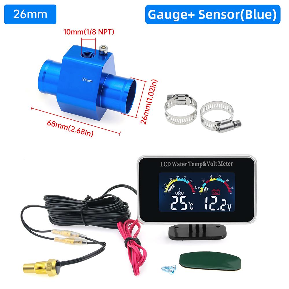 Digital 2 In 1 Water Temperature Meter Voltmeter Car LCD Water Temp Gauge Voltage Meter With 26~40mm Adapter (Option) 12V 24V