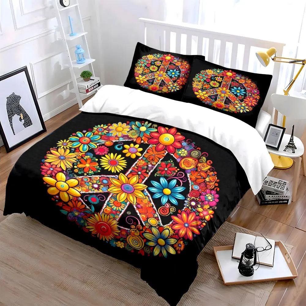 Flower Peace Symbol Decor Set Bedding Set with 1 Duvet Cover 2 Pillowcases Single Double King Queen Gift