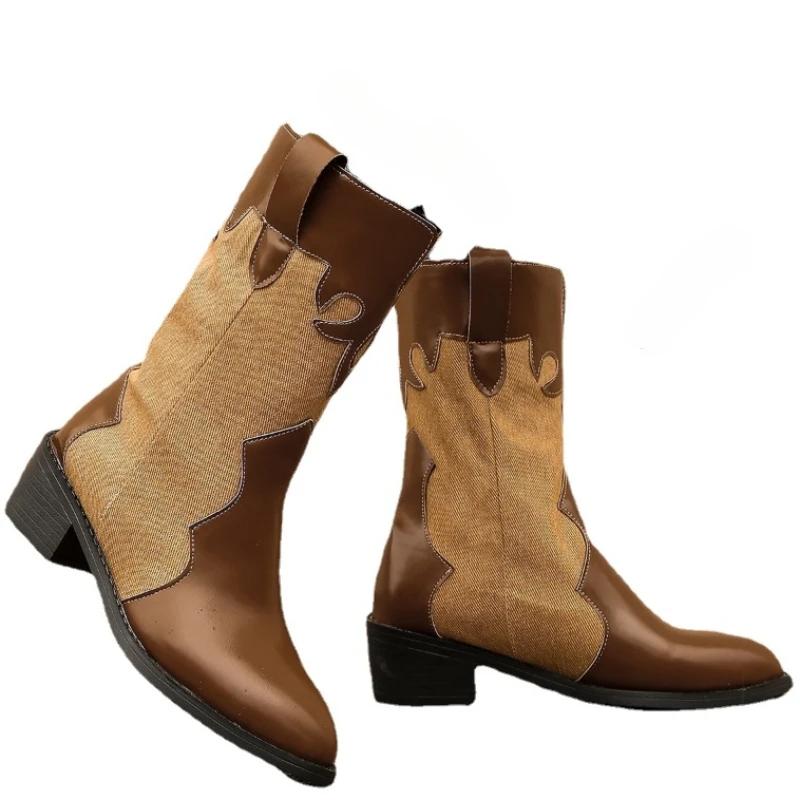

2024 женская обувь высокого качества, женские ботинки без шнуровки, осенние сапоги в стиле вестерн с острым носком, разноцветные, на массивном каблуке до середины икры 42 светло-коричневого