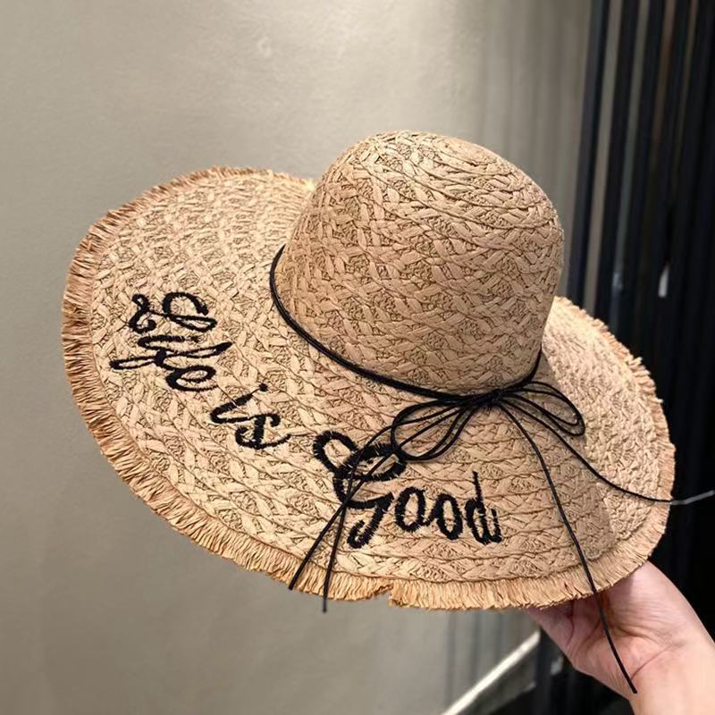 New bow lace straw hat women's summer seaside beach vacation sun hat large brim sun protection hat