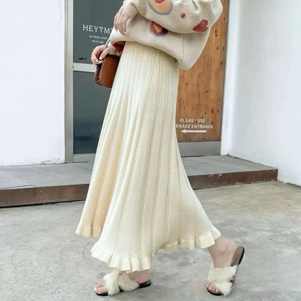 Knit Skirt Women Autumn Winter Midi Slim High Waist A-Line Wool Skirt