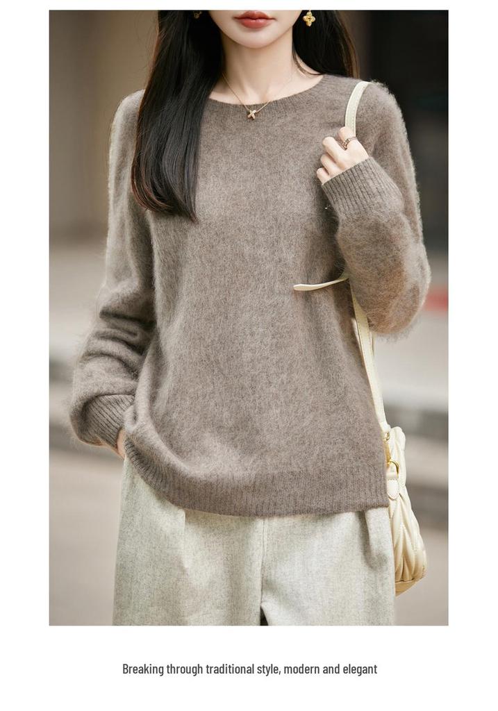 Women's Seamless Plush Knit Wool Sweater, Round Neck, Loose Fit, Long Sleeve - 2026 Autumn/Winter Collection