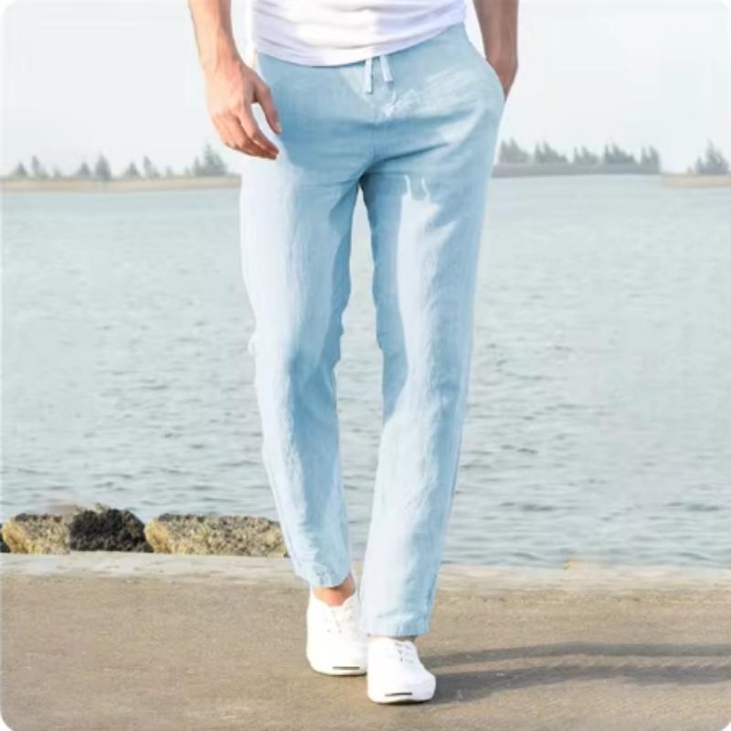 Men's Cotton Linen Long Pants Summer Solid Color Breathable Linen Trousers Male Casual Elastic Waist Casual Pants Harajuku Trous