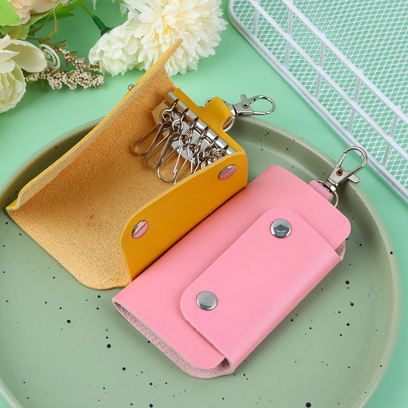 1Pc Portable Pu Leather Housekeeper Holders Car Key Holder Bag Case Unisex Wallet Cover Simple Solid Color Storage Bag