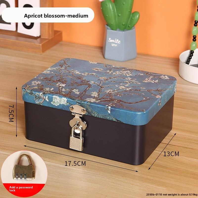 Retro Tinplate Box with Lock Key, Desktop Storage Box, Cosmetics, ID Storage, Household Jewelry Empty Box.