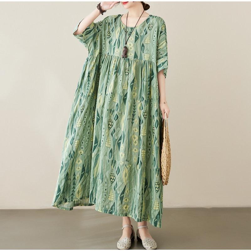 DIMANAF New 2026 Summer Beach Women Plus Size Lady Long Dress Loose Oversize Maxi Floral Print Cotton