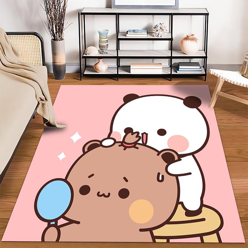 Cute Cartoon Panda and Bear with Pink Background and Mirror - Adorable Carpet Design Suitable for Use As an Anti-slip1 For1room and Bedroom Sofas