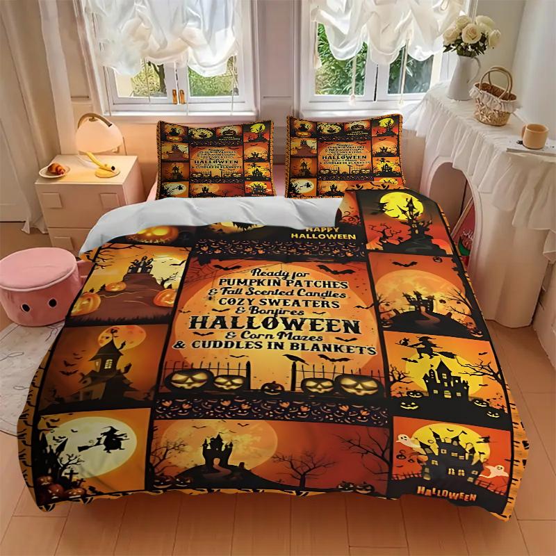3Pcs Halloween Night Spooky Fun Bedding Set Soft Fabric Duvet Cover Pillowcases Home Christmas Xmas Halloween Gift 1 Duvet Cover 2 Pillowcase G173