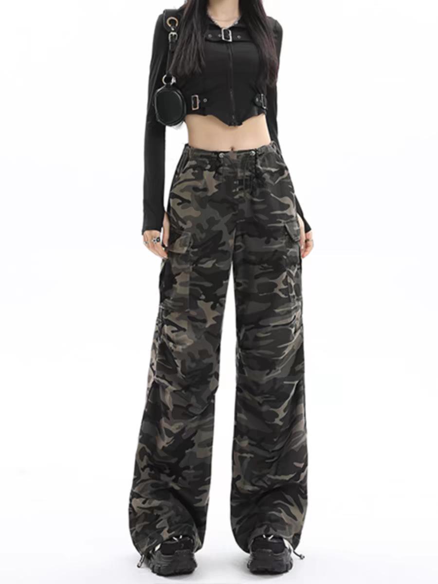 

2025 Spring Women s High Waist Camouflage Cargo Pants - American Design, Straight-Leg, Loose Fit, Trendy Wide Leg Style S