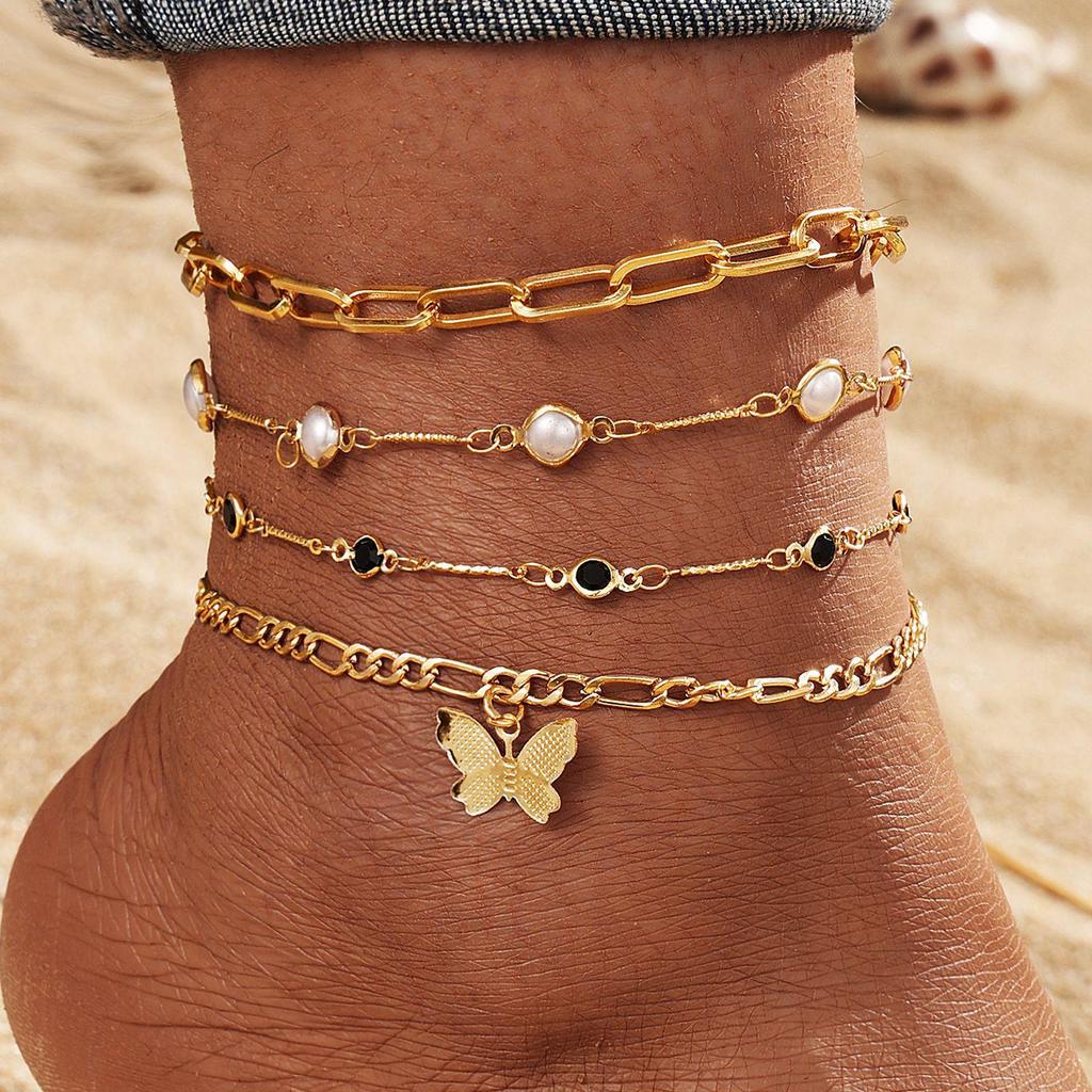 Retro Multi-layer Butterfly & Star Fishbone Women's Tassel Anklet Set