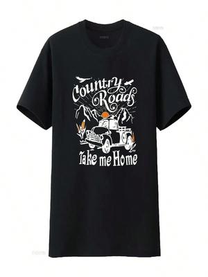 Country Music T Shirt  Roads Take Me Home Letter Vintage  Tops Black X Large Vintage Washed Slightly Stretched Comfortable